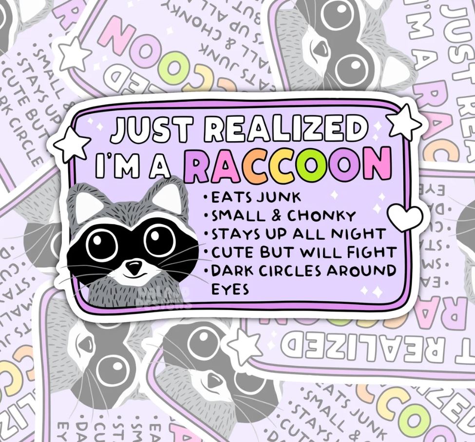 I Just Realized I'm A Raccoon, Funny Waterproof Sticker, Sarcastic Water Bottle Sticker, Kindle Sticker, Laptop Sticker