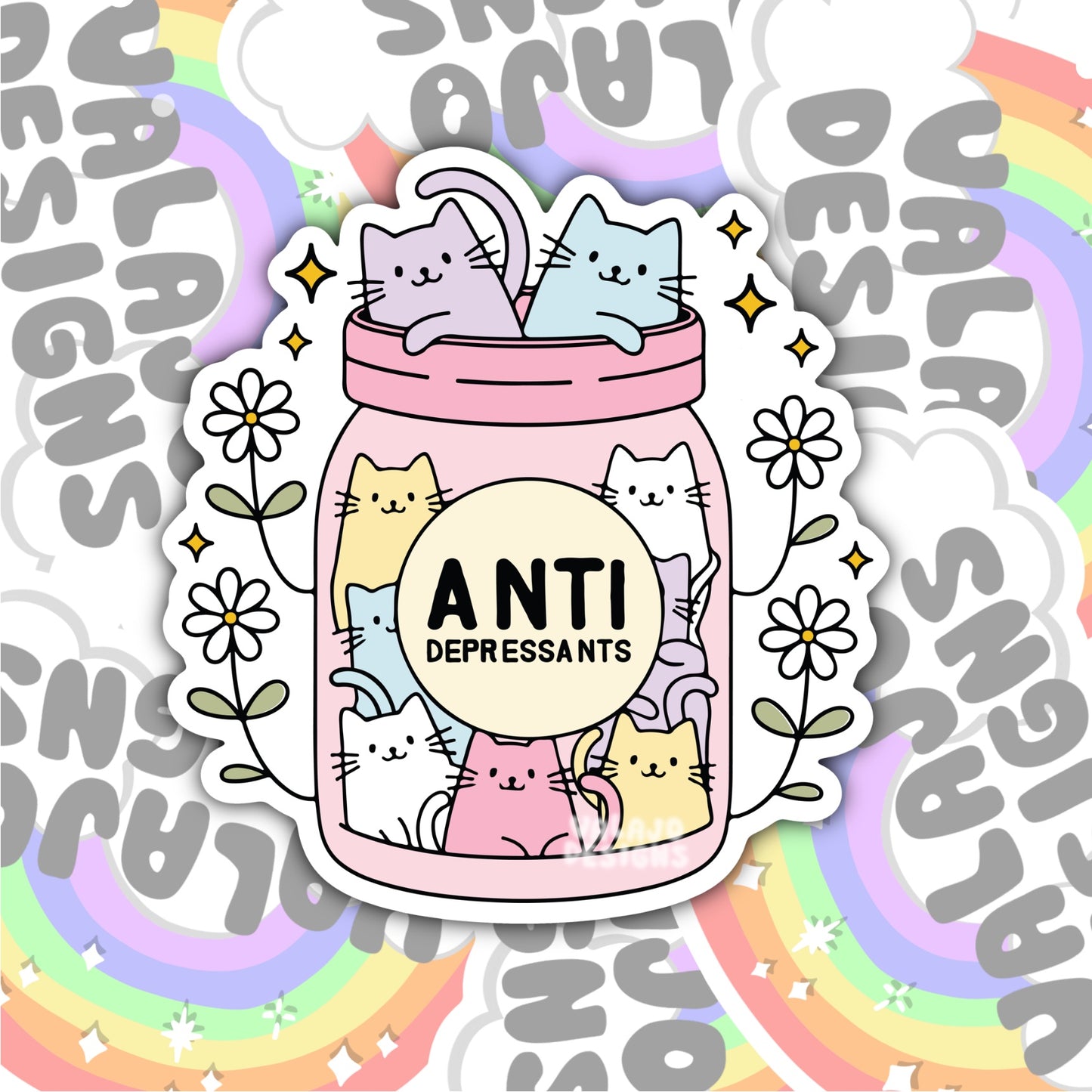 Anti-Depressants, Cat Lovers Waterproof Sticker, Mental Health Water Bottle Sticker, Kindle Sticker, Laptop Sticker