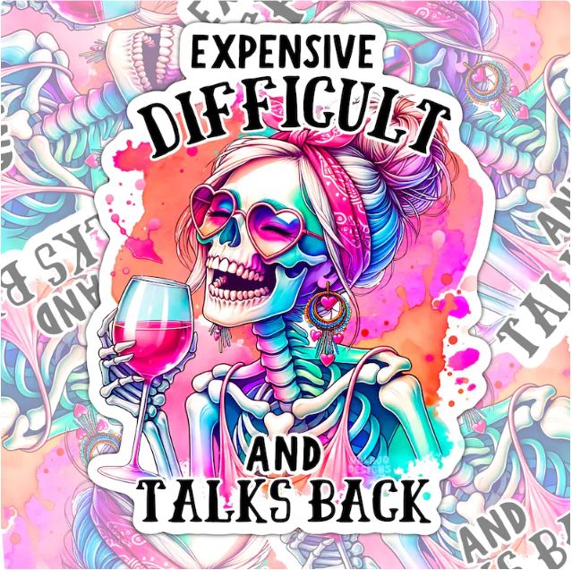 Expensive And Talks Back, Funny Waterproof Sticker, Sarcastic Water Bottle Sticker, Kindle Sticker, Laptop Sticker