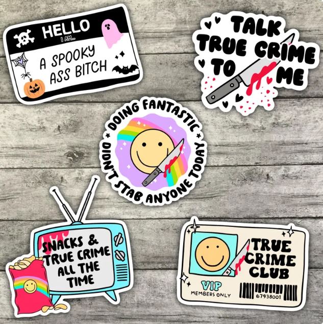 True Crime Lovers Sticker Pack, Waterproof Stickers, Water Bottle Sticker, Kindle Sticker, Laptop Sticker