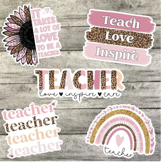 Pink Teacher Sticker Pack, Waterproof Stickers, Water Bottle Sticker, Kindle Sticker, Laptop Sticker