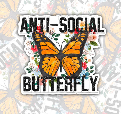 Anti-Social Butterfly, Waterproof Sticker, Mental Health,  Water Bottle Sticker, Kindle Sticker, Laptop Sticker