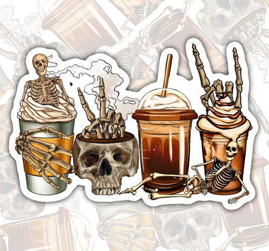 Coffee And Skuls, Spooky Waterproof Sticker, Water Bottle Sticker, Kindle Sticker, Laptop Sticker, Coffee Addict Stickers