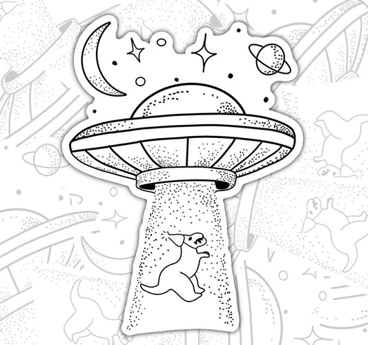 Dino Being Abducted By UFO, Funny Sarcastic Waterproof Sticker, Water Bottle Sticker, Kindle Sticker, Laptop Sticker