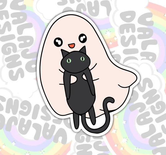 Ghost And Black Cat, Waterproof Sticker, Water Bottle Sticker, Kindle Sticker, Laptop Sticker