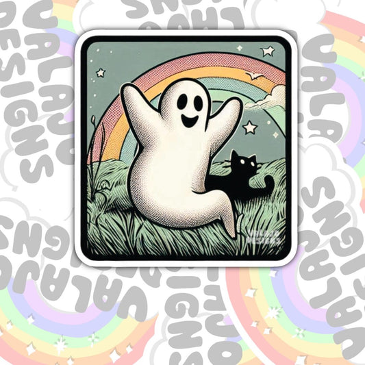 Happy Ghost And Black Cat, Waterproof Sticker, Water Bottle Sticker, Kindle Sticker, Laptop Sticker