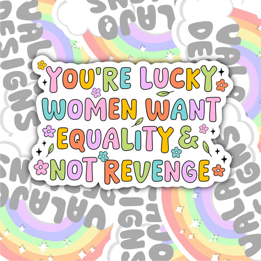 You're Lucky Women Want Equality And Not Revenge, Waterproof Sticker, Water Bottle Sticker, Kindle Sticker, Laptop Sticker, Social Justice Stickers, Feminist Stickers