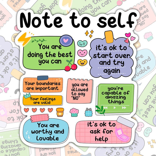 Note To Self, Waterproof Sticker, Mental Health Water Bottle Sticker, Kindle Sticker, Laptop Sticker