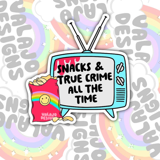 Snacks And True Crime, Waterproof Sticker, Water Bottle Sticker, Kindle Sticker, Laptop Sticker, True Crime Addict Stickers