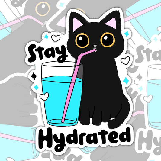 Stay Hydrated, Drink Your Water, Black Cat Waterproof Sticker, Water Bottle Sticker, Kindle Sticker, Laptop Sticker