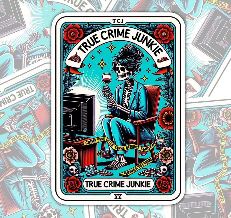 True Crime Juinkie, Waterproof Sticker, Water Bottle Sticker, Kindle Sticker, Laptop Sticker, True Crime Addict Stickers