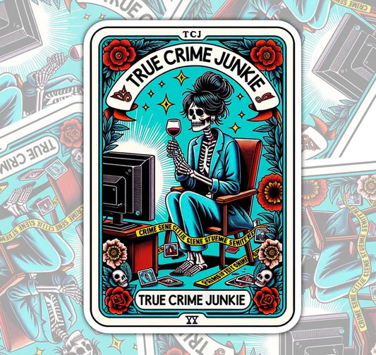 True Crime Juinkie, Waterproof Sticker, Water Bottle Sticker, Kindle Sticker, Laptop Sticker, True Crime Addict Stickers