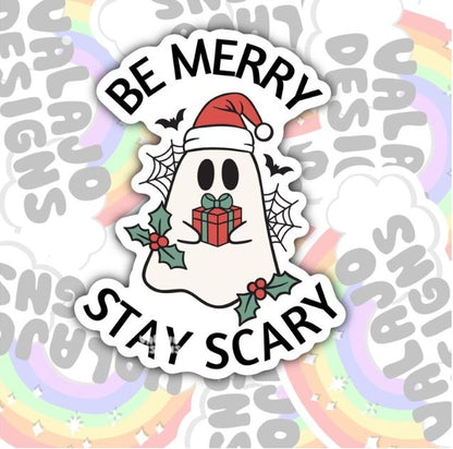 Be Merry Stay Scary Halloween Waterproof Sticker, Cute Ghost Water Bottle Sticker, Kindle Sticker, Laptop Sticker