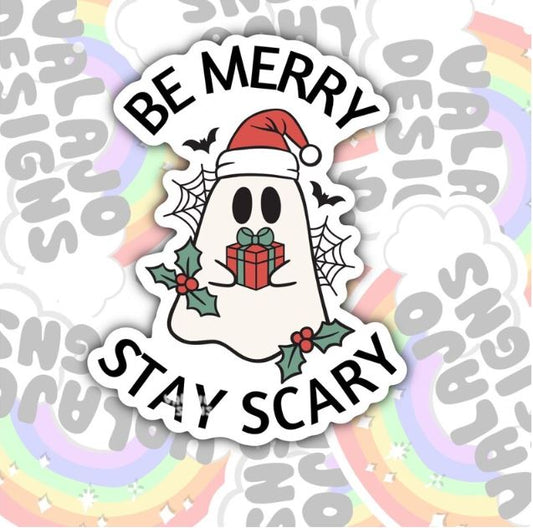 Be Merry Stay Scary Halloween Waterproof Sticker, Cute Ghost Water Bottle Sticker, Kindle Sticker, Laptop Sticker