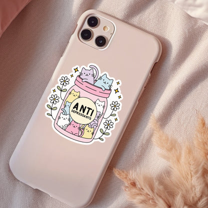 Anti-Depressants, Cat Lovers Waterproof Sticker, Mental Health Water Bottle Sticker, Kindle Sticker, Laptop Sticker