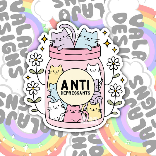 Anti-Depressants, Cat Lovers Waterproof Sticker, Mental Health Water Bottle Sticker, Kindle Sticker, Laptop Sticker