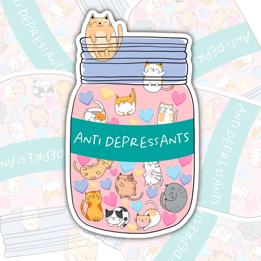 Cat Anti-Depressants, Mental Health Waterproof Sticker, Water Bottle Sticker, Kindle Sticker, Laptop Sticker
