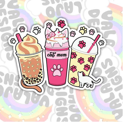 Cat Mom, Cat Lovers, Coffee Addicts Waterproof Sticker, Water Bottle Sticker, Kindle Sticker, Laptop Sticker