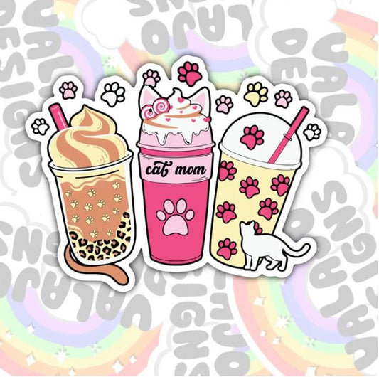 Cat Mom, Cat Lovers, Coffee Addicts Waterproof Sticker, Water Bottle Sticker, Kindle Sticker, Laptop Sticker