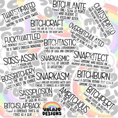 The Complete Collection Of Bitch Vocabulary, Sticker Pack, Waterproof Stickers, Water Bottle Sticker, Kindle Sticker, Laptop Sticker