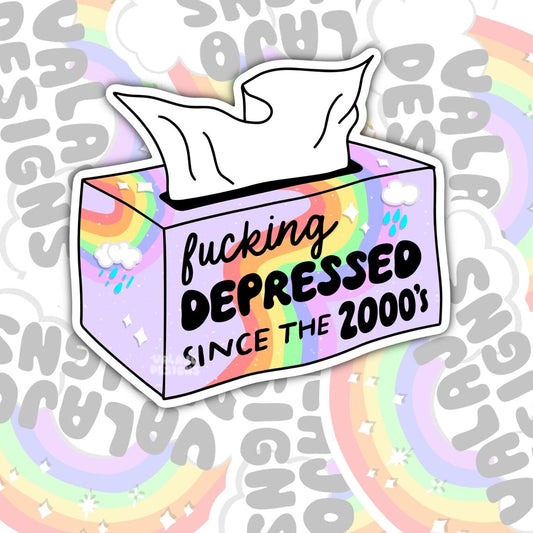 Depressed Since The 2000's, Funny Waterproof Sticker, Mental Health Water Bottle Sticker, Kindle Sticker, Laptop Sticker