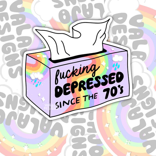 Depressed Since The 70's, Funny Waterproof Sticker, Mental Health Water Bottle Sticker, Kindle Sticker, Laptop Sticker
