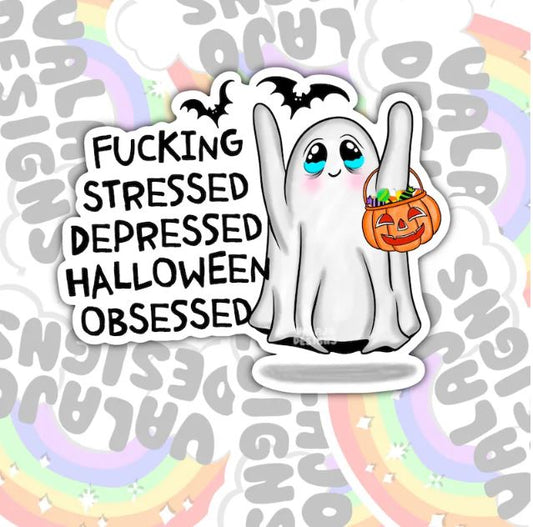 Stressed, Depressed, Halloween Obsessed, Funny Waterproof Sticker, Sarcastic Water Bottle Sticker, Kindle Sticker, Laptop Sticker