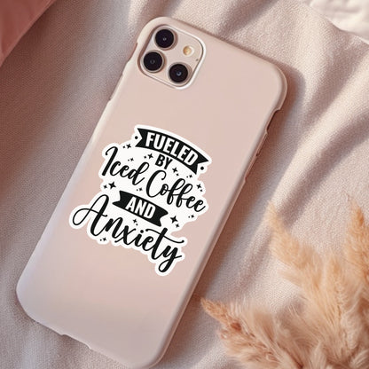 Fueled By Coffee And Anxiety, Funny Waterproof Sticker, Sarcastic Water Bottle Sticker, Kindle Sticker, Laptop Sticker
