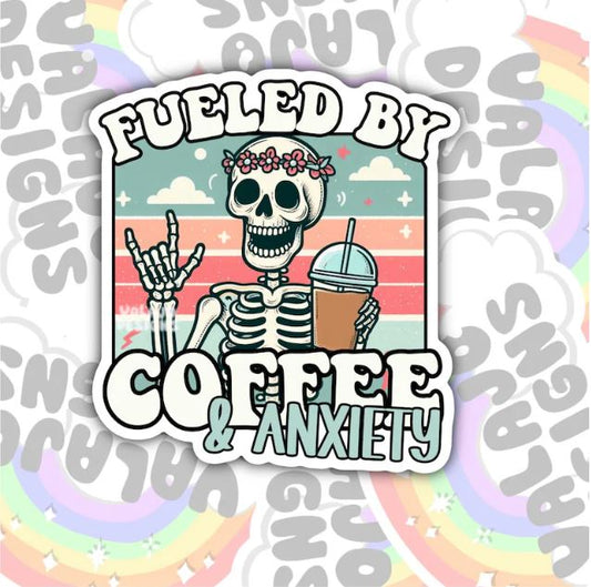 Fueled By Coffee And Anxiety, Funny Waterproof Sticker, Water Bottle Sticker, Kindle Sticker, Laptop Sticker