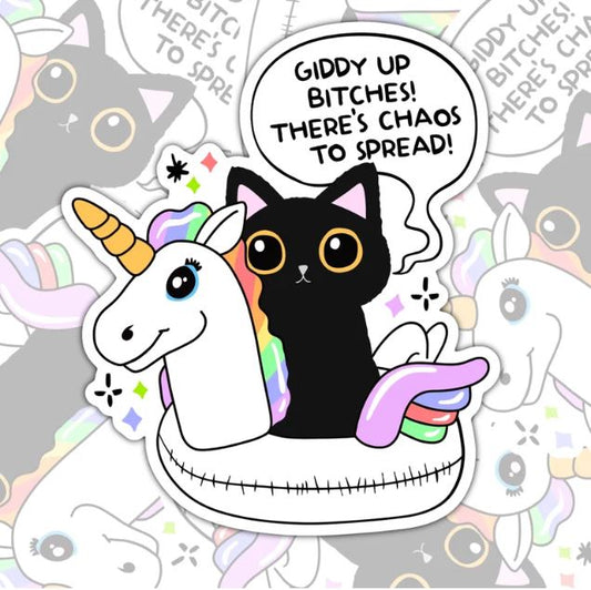 Giddy Up Bitches, There's Chaos To Spread, Funny Waterproof Sticker, Sarcastic Water Bottle Sticker, Kindle Sticker, Laptop Sticker