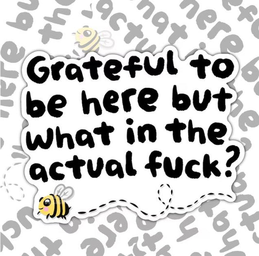 Grateful To Be Here But What The Actual Fuck, Funny Waterproof Sticker, Sarcastic Water Bottle Sticker, Kindle Sticker, Laptop Sticker