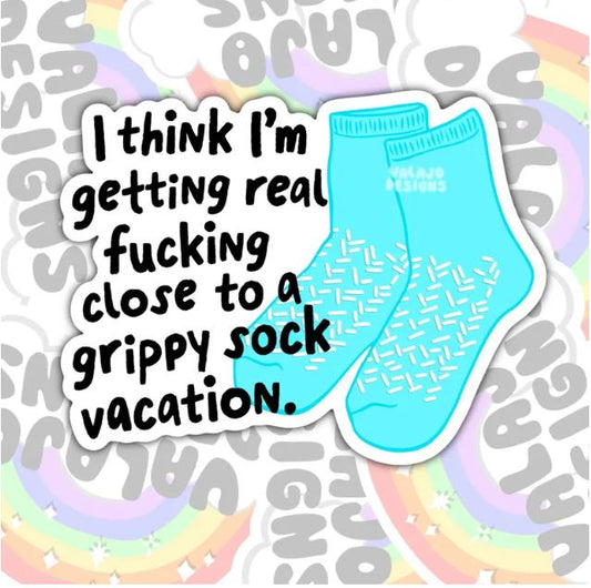 Grippy Sock Vacation, Funny Waterproof Sticker, Mental Health Water Bottle Sticker, Kindle Sticker, Laptop Sticker