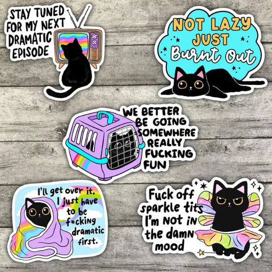 Black Cat Sticker Pack, Mental Health Waterproof Stickers, Water Bottle Sticker, Kindle Sticker, Laptop Sticker