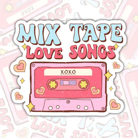Mix Tape Love Songs, Valentine Day Waterproof Sticker, Water Bottle Sticker, Kindle Sticker, Laptop Sticker