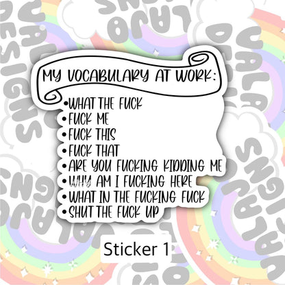 My Work Vocabulary, Fuck This, Funny Waterproof Sticker, Offensive Water Bottle Sticker, Sarcastic Kindle Sticker, Laptop Sticker