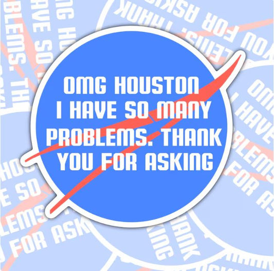 OMG Houston, I Have So Many Problems, Funny Waterproof Sticker, Sarcastic Water Bottle Sticker, Kindle Sticker, Laptop Sticker