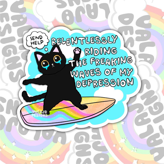 Relentlessly Riding The Waves Of Depression, Waterproof Sticker,  Water Bottle Sticker, Kindle Sticker, Laptop Sticker