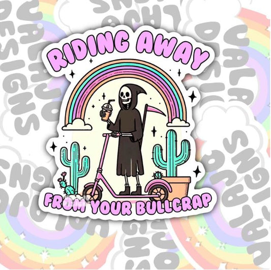Riding Away From Your Bull Crap, Mental Health Waterproof Sticker, Funny Water Bottle Sticker, Kindle Sticker, Laptop Sticker