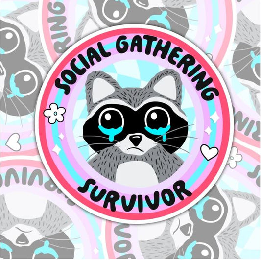 Social Gathering Survivor, Mental Health Waterproof Sticker, Water Bottle Sticker, Kindle Sticker, Laptop Sticker