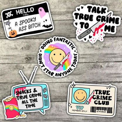 True Crime Lovers Sticker Pack, Waterproof Stickers, Water Bottle Sticker, Kindle Sticker, Laptop Sticker